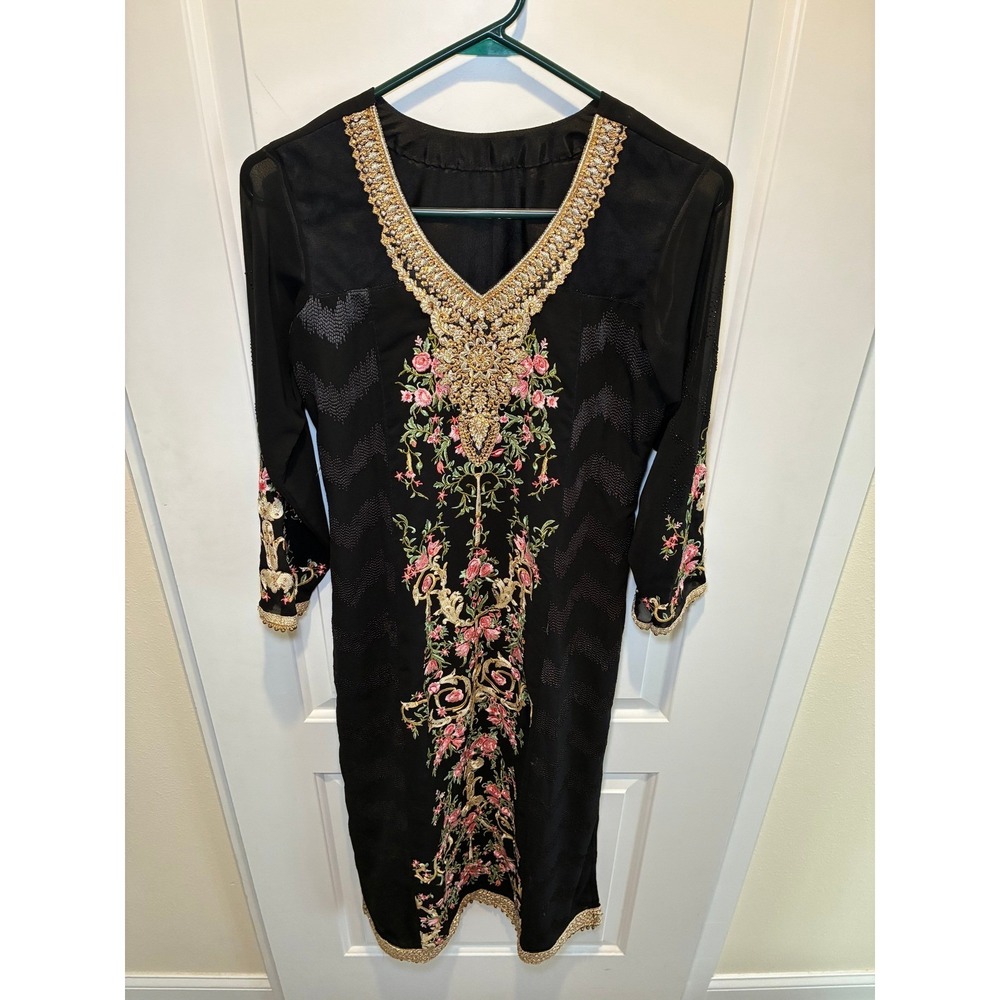 Black Pakistani‎ Embroidered Kameez Size Small - floral motif and beading